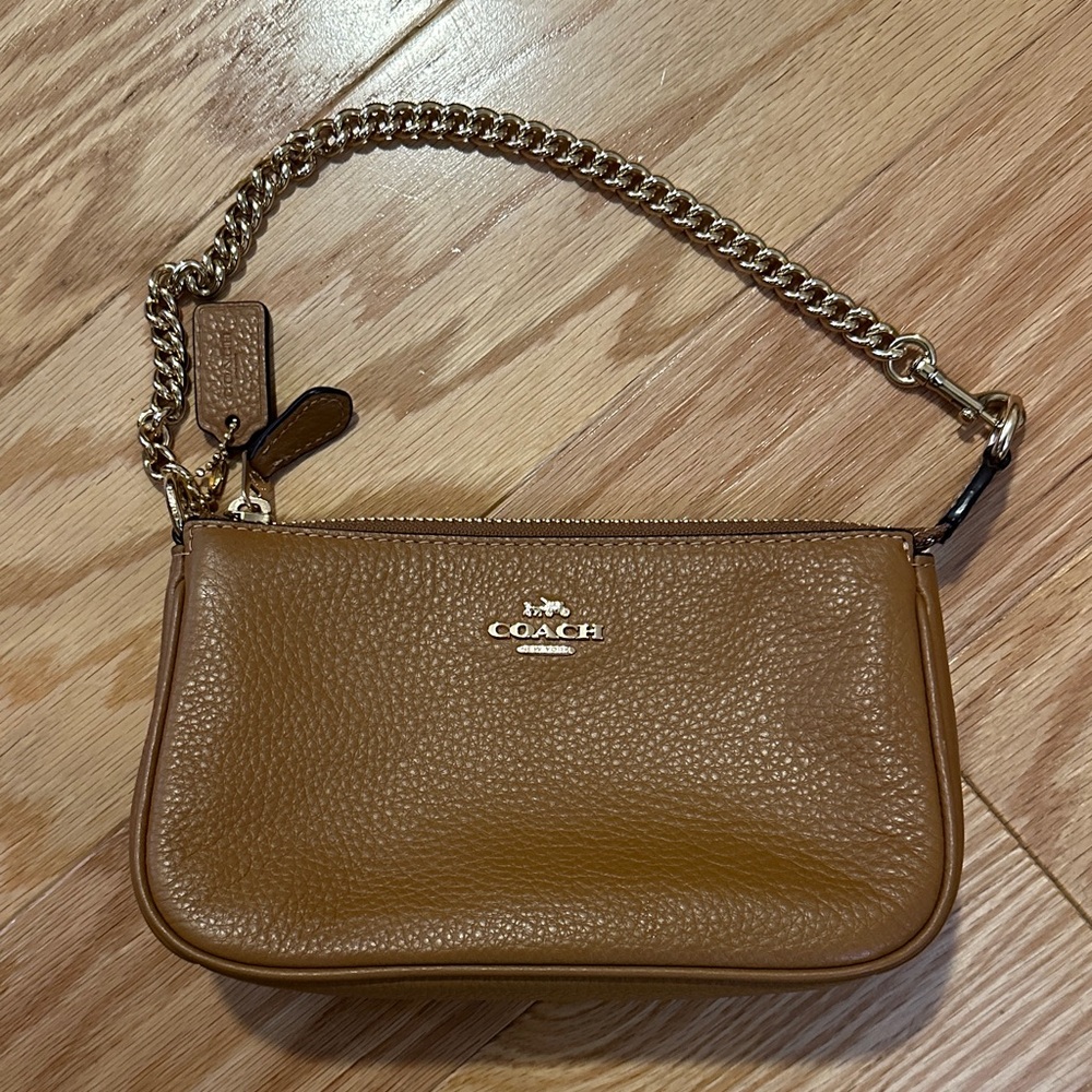 Coach Tan Leather Wristlet with Chain Strap